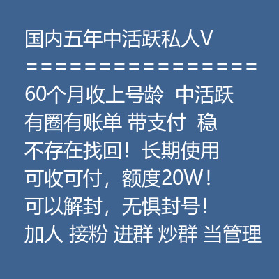 国内5年中活跃私人VX号，60个月收上号龄 ，中活跃有圈有账单带支付，稳定耐操，不存在找回！长期使用都可以，可收可付，额度20W！可以解封，无惧封号！加人 接粉 进群 炒群 当管理