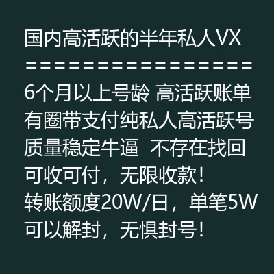 国内高活跃的半年私人VX ，6个月以上号龄，高活跃账单有圈带支付，纯私人高活跃号质量稳定牛逼 ，不存在找回，可收可付，无限收款！转账额度20W/日，单笔5W，可以解封，无惧封号！